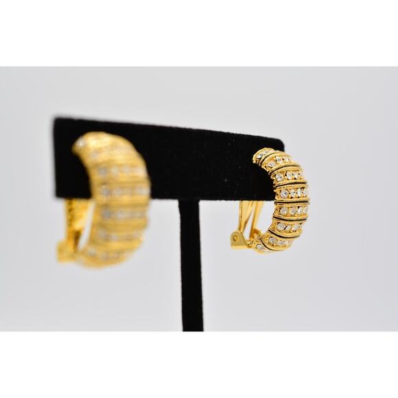 Vintage Crystal Clip Earrings Rhinestone Gold Tone Shiny Hoops 1980s BinAK - Picture 5 of 12